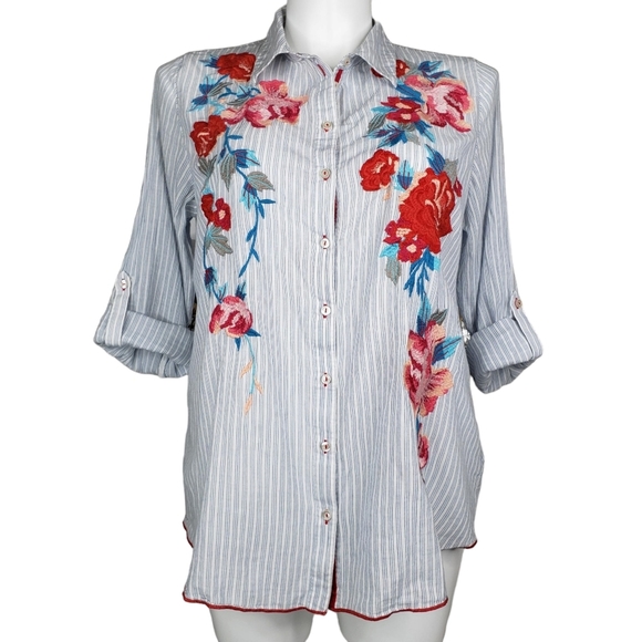 Soft Surroundings | Garden City Floral Embroidery Striped Button Down Shirt XL - Picture 1 of 6